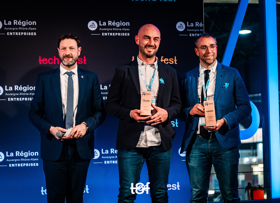 Vulkam (Sébastien Gravier) et Wormsensing (Jean-Sébastien Moulet), respectivement lauréat et coup de cœur des Deeptech Awards dans la catégorie Industrie et Matériaux © tech&fest